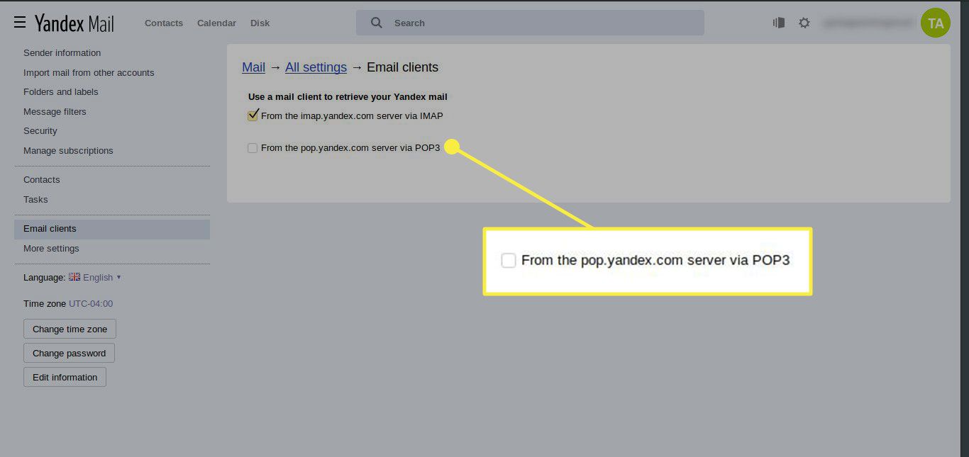 En skärmdump av Yandex Mail -inställningarna med alternativet "Från pop.yandex.com -servern via POP3" markerat
