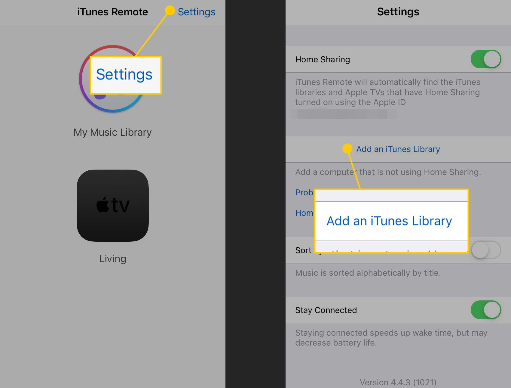 iTunes Remote -app på en iPhone med inställningar och Lägg till ett iTunes -bibliotek markerade alternativ
