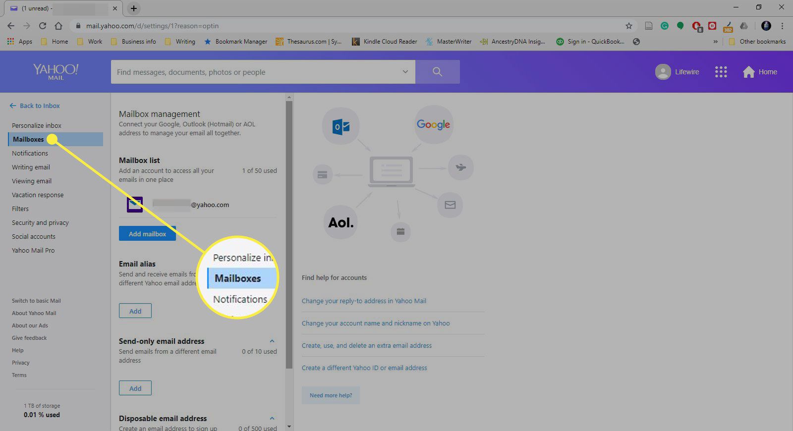 En skärmdump av Yahoo Mail -inställningarna med avsnittet Postlådor markerade