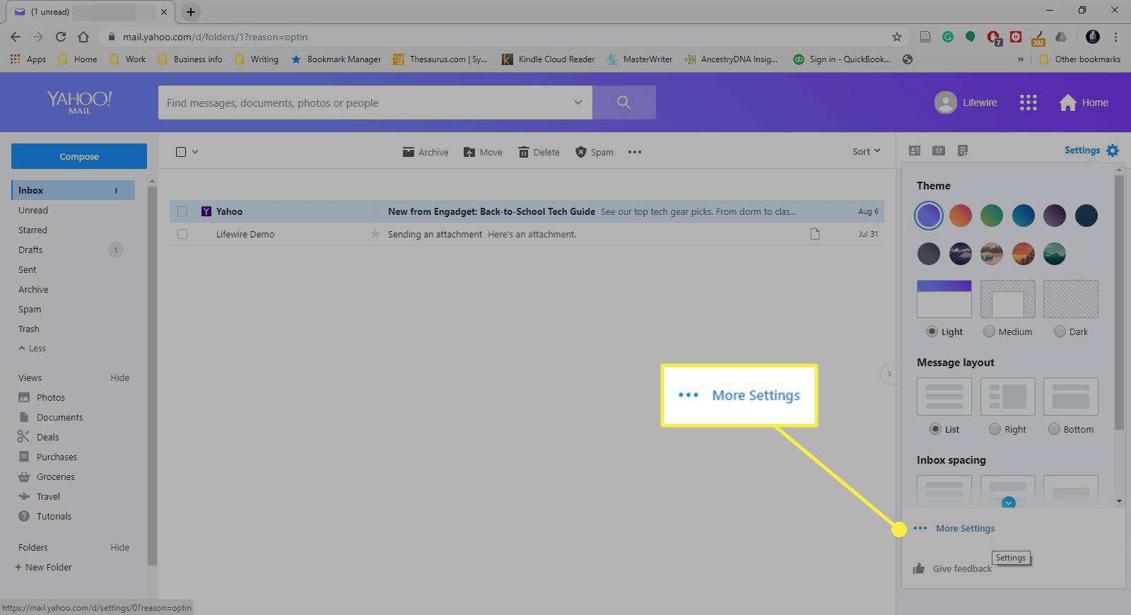 En skärmdump av Yahoo Mail med knappen Fler inställningar markerad