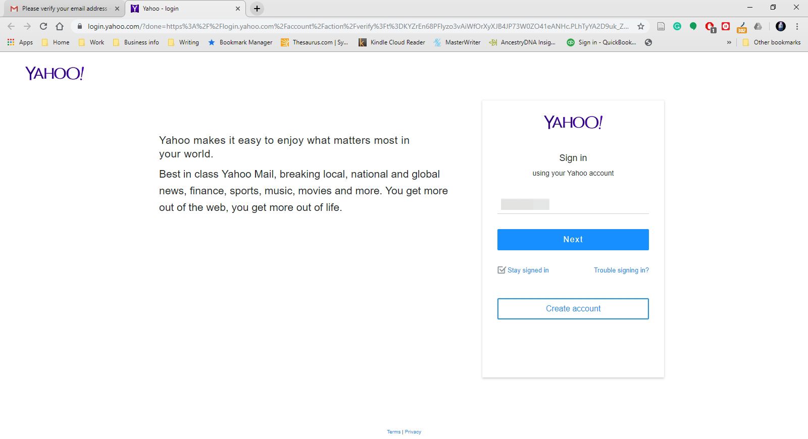 Yahoo Mail -inloggningssidan.