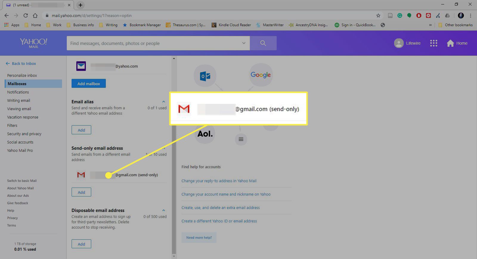 En skärmdump av Yahoo Mail's Mailboxes -sektion med en andra adress markerad