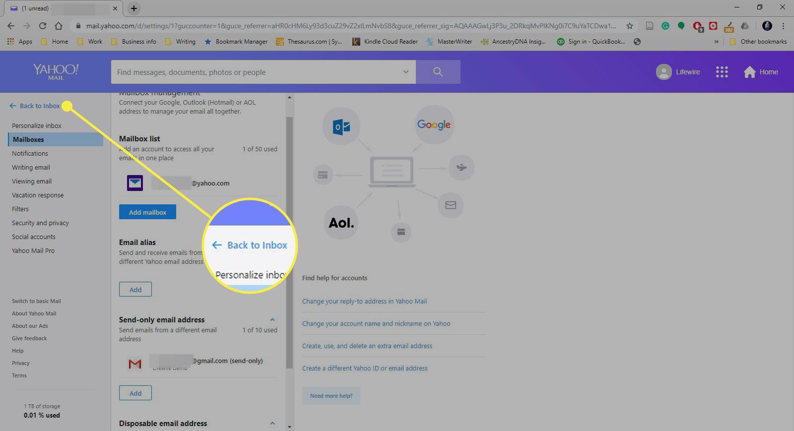 En skärmdump av Yahoo Mail -inställningarna med knappen Tillbaka till inkorg markerad