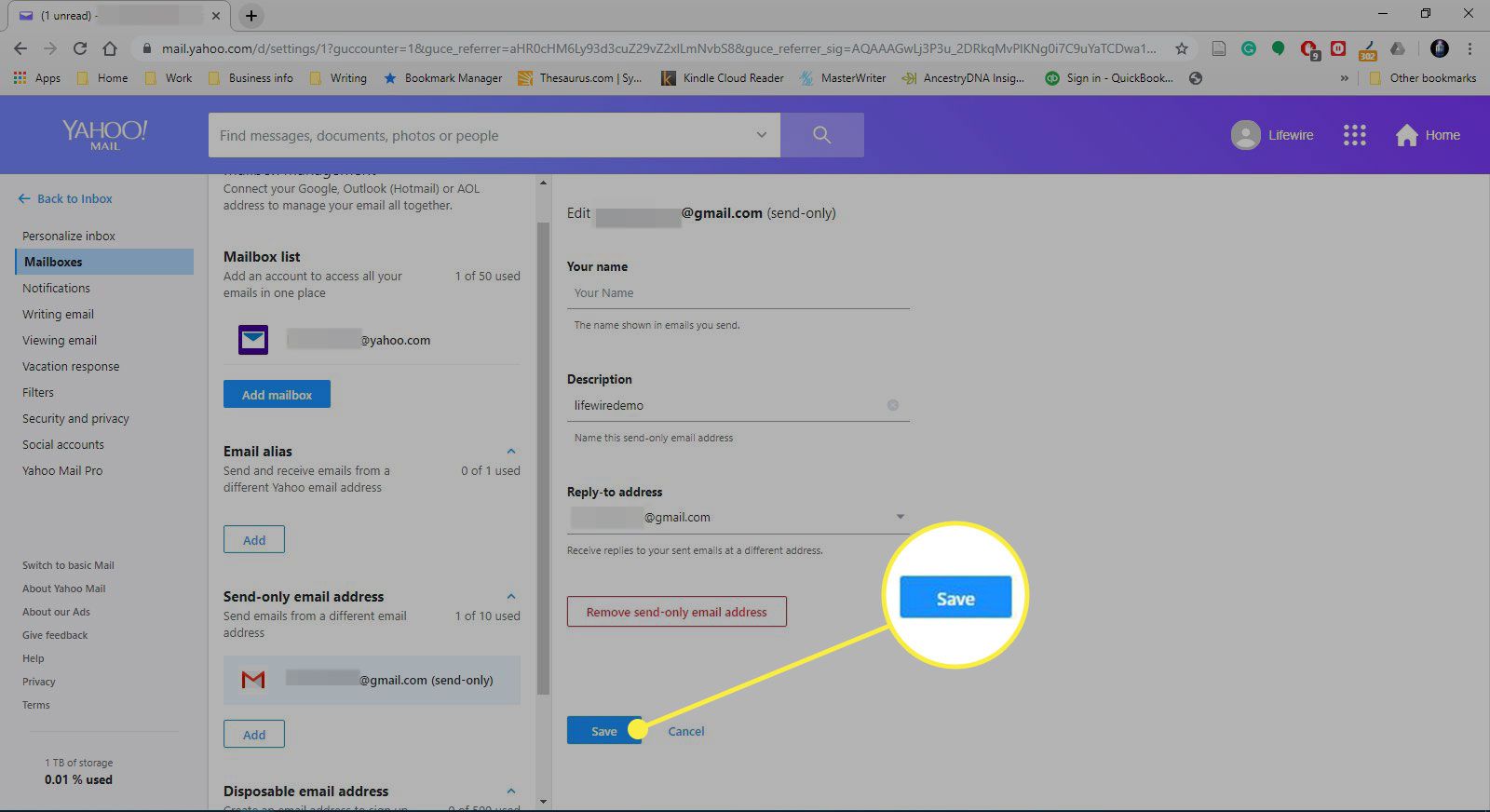 En skärmdump av Yahoo Mail -inställningarna med knappen Spara markerad