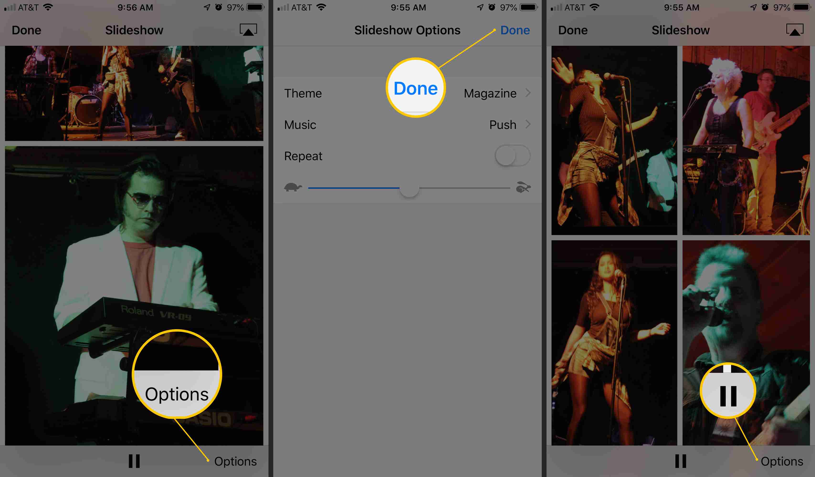 Tre iOS -skärmar som visar knapparna Alternativ, Klart och Paus i bildspelsgränssnittet för appen Foton