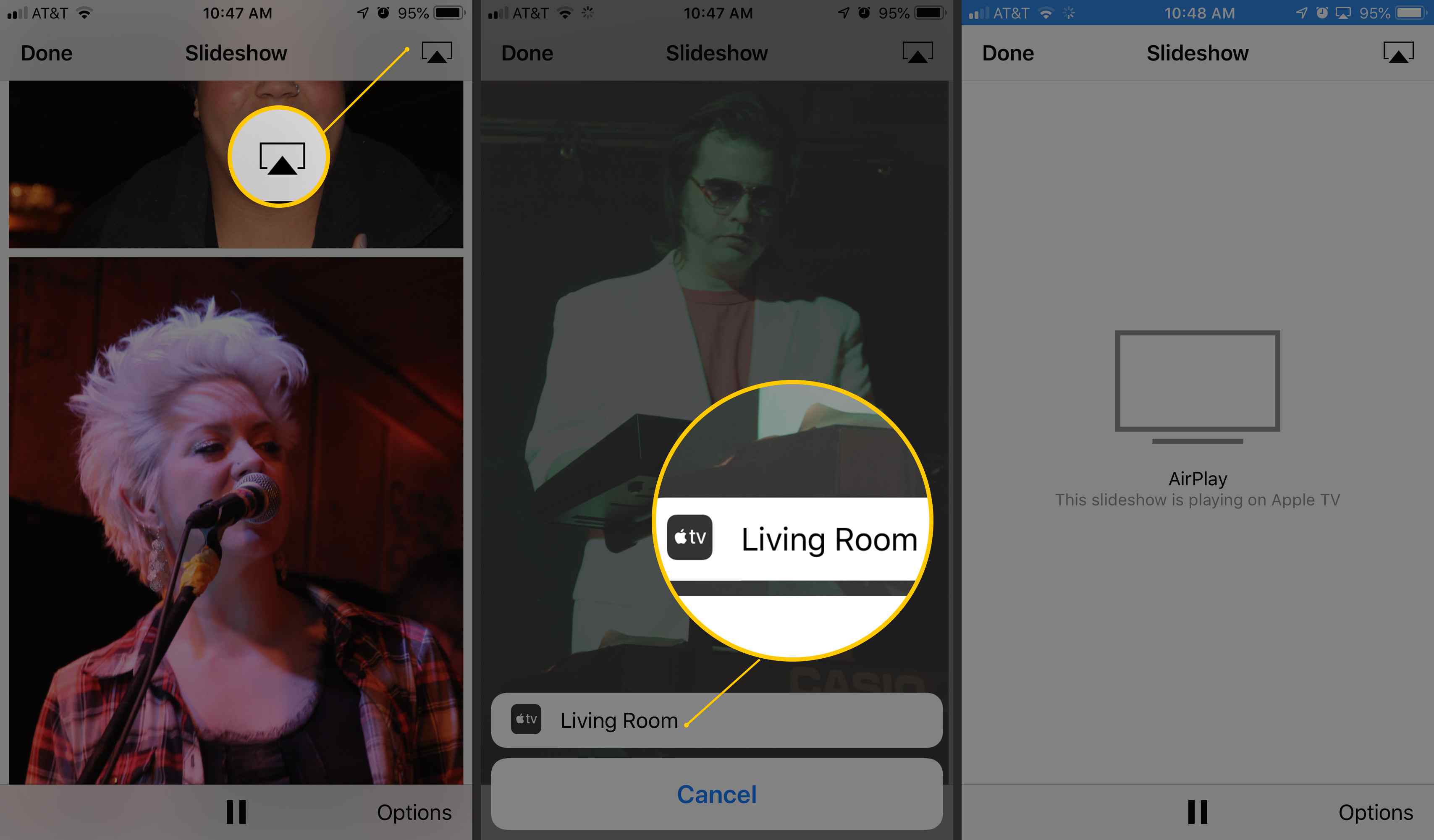 Tre iOS -skärmar som visar AirPlay, Apple TV Living Room och "Detta bildspel spelas på Apple TV" -gränssnittsobjekt