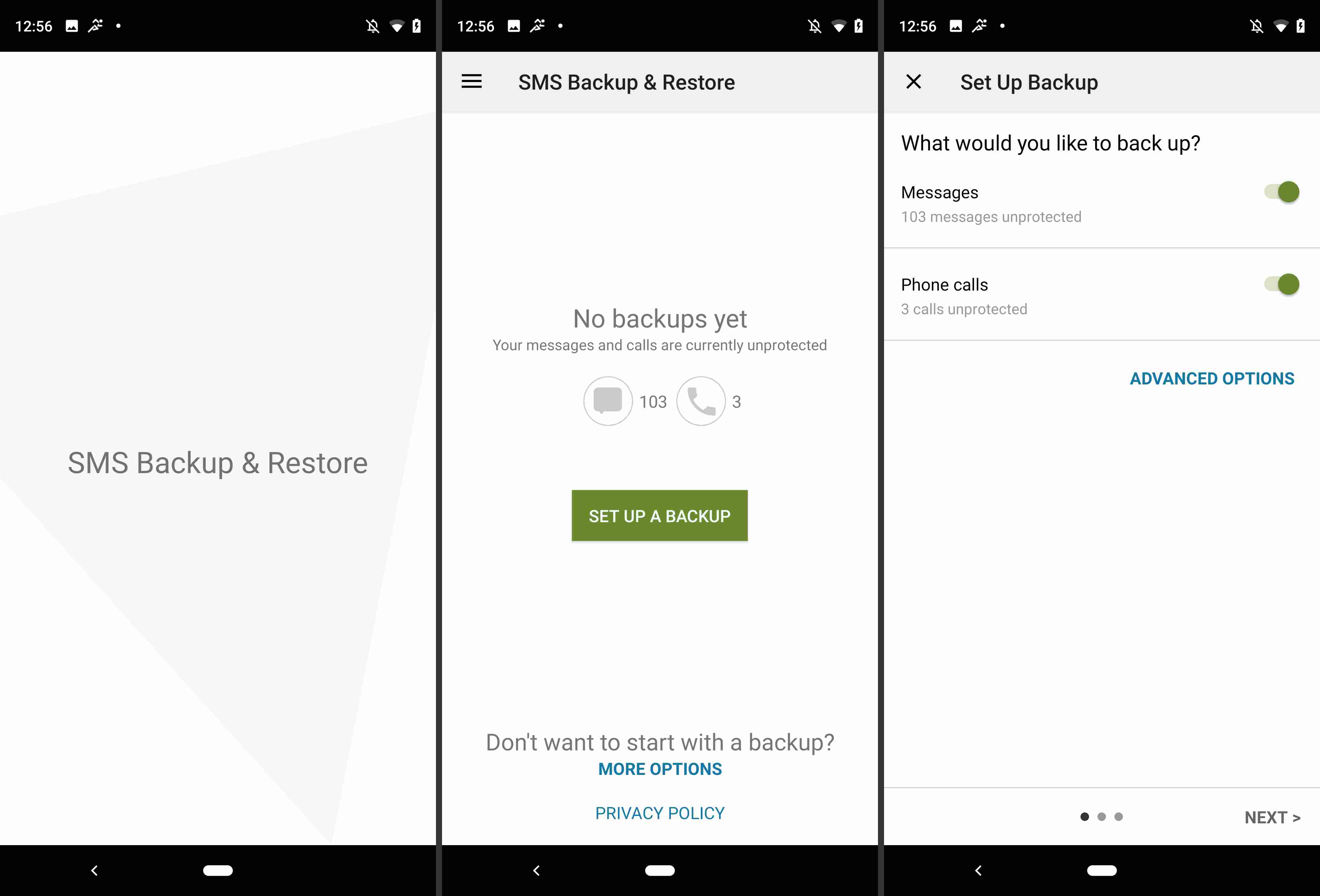Tre skärmar från Android: s SMS Backup & Restore -app