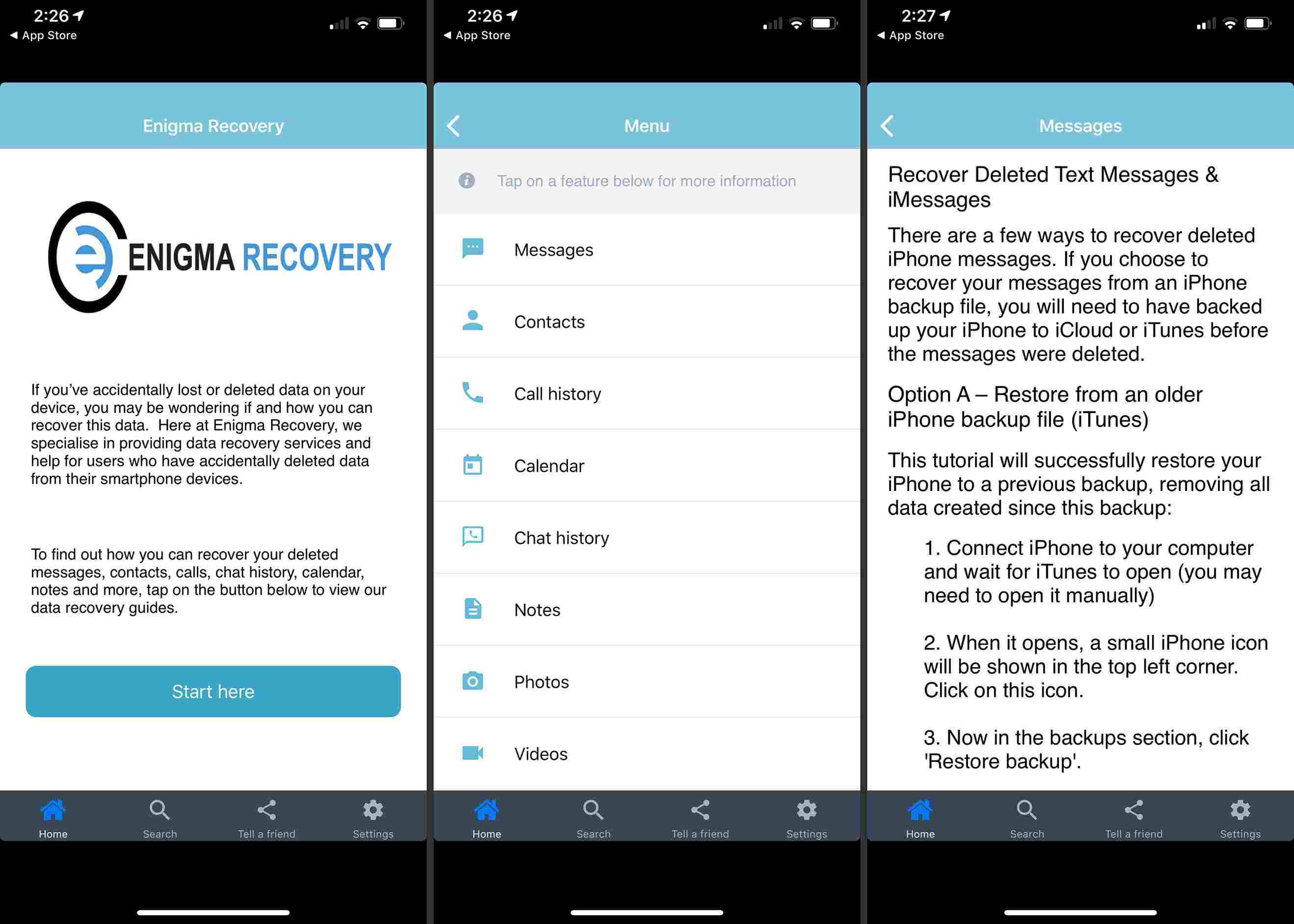 Enigma Recovery -app på iOS