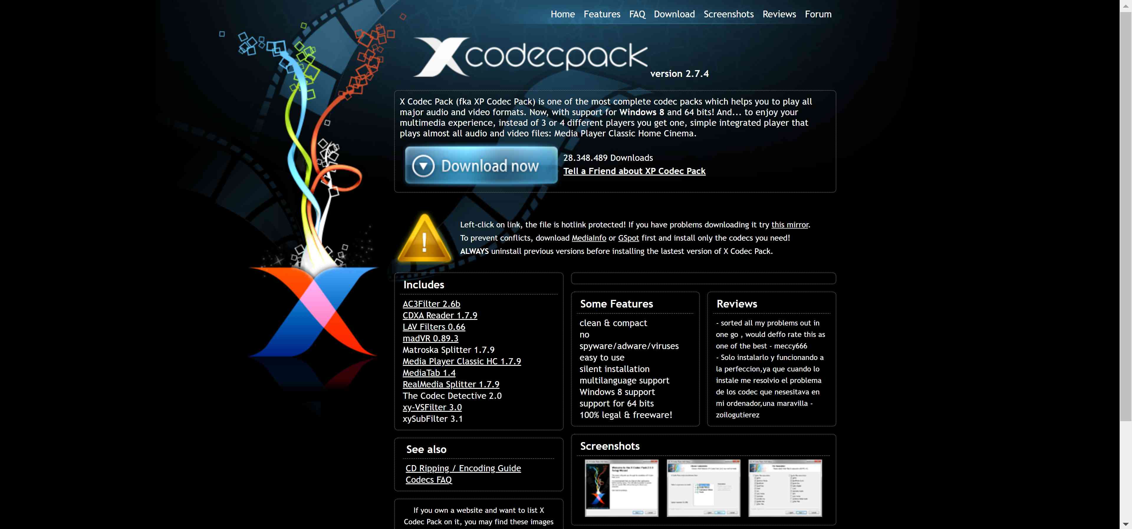 Hemsidan för X Codec Pack.