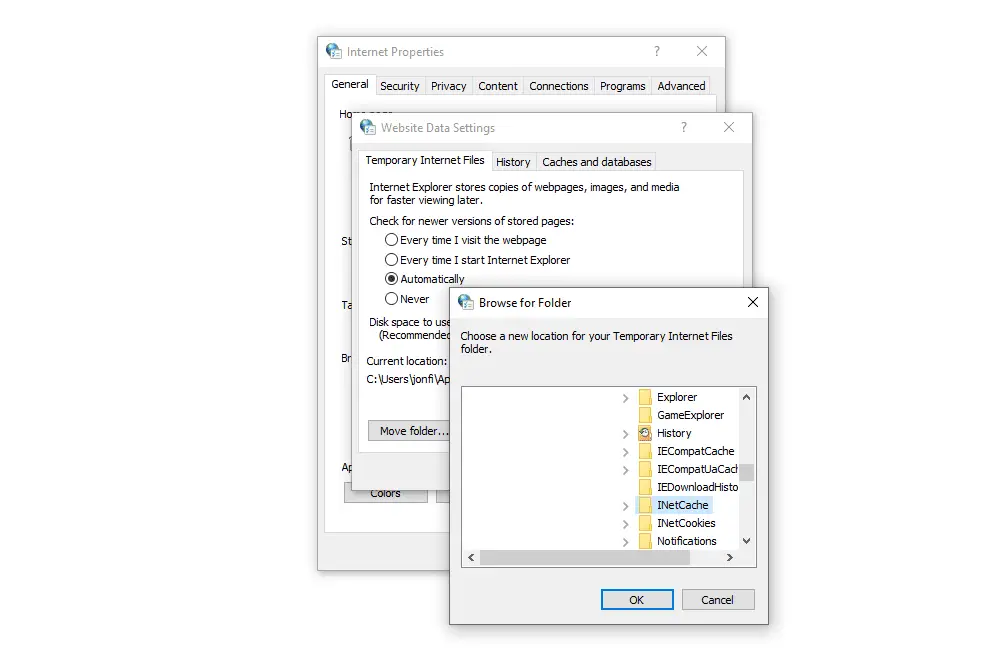 Internet Explorer -mappen för tillfälliga internetfiler i Windows 10