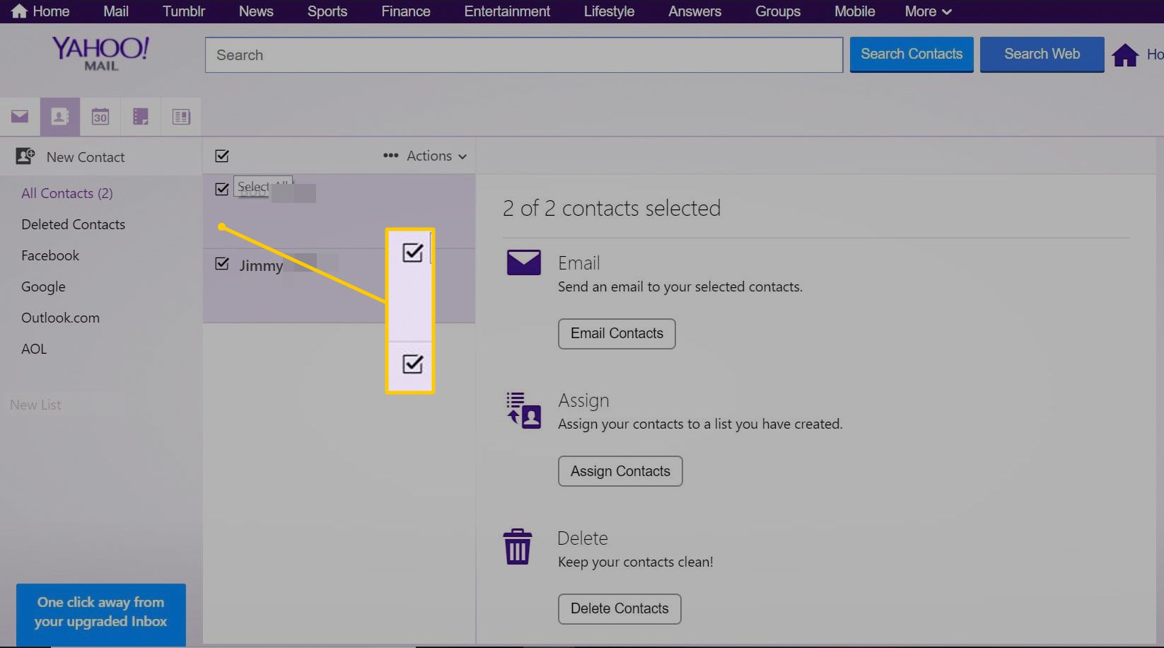 Kryssrutor för att markera kontakter i Yahoo Mail