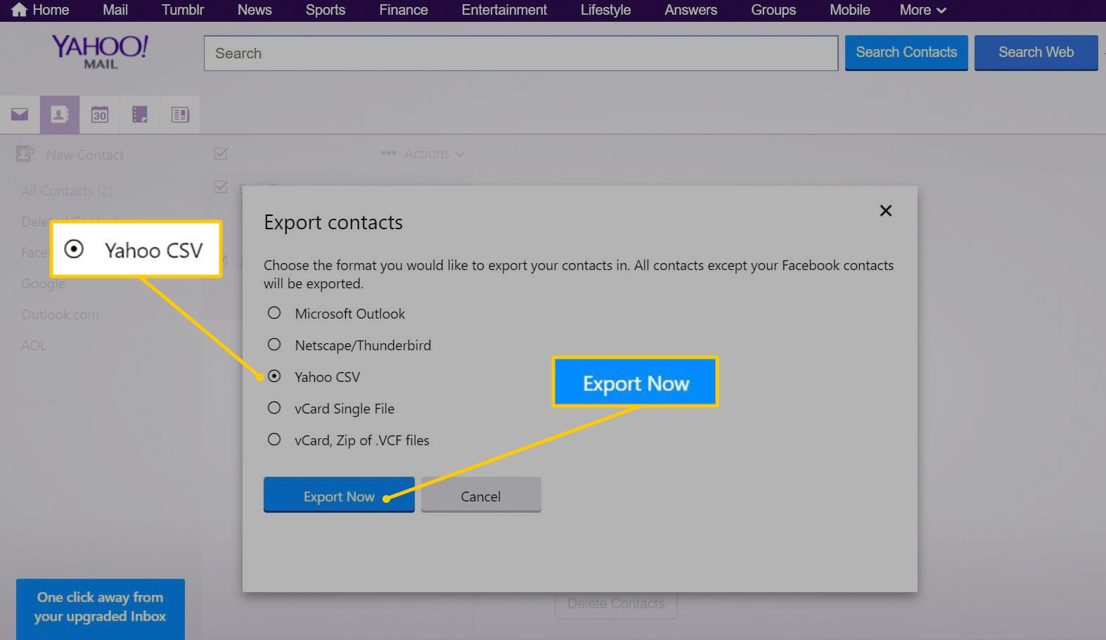 Yahoo CSV, Export Now -knappar i Yahoo Mail