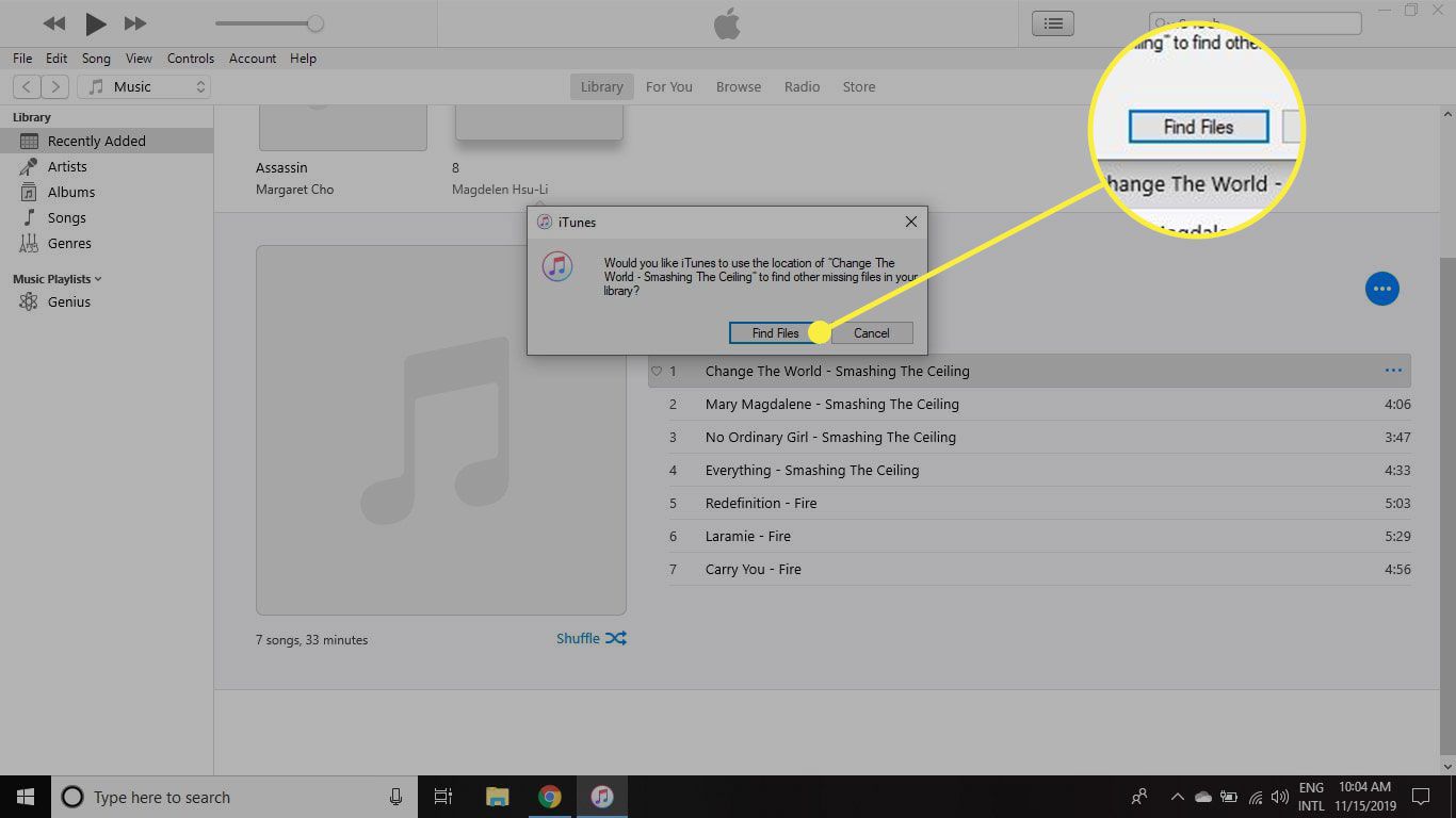 iTunes med knappen Sök filer markerad
