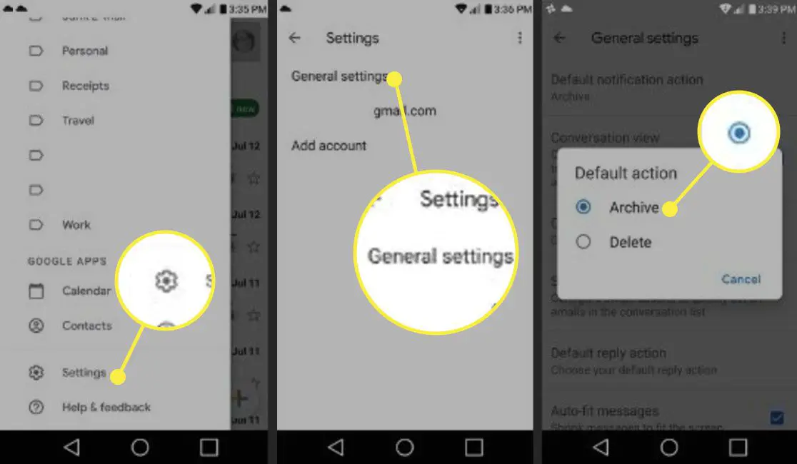 En Android -telefon med inställningar, allmänna inställningar och alternativet Arkiv