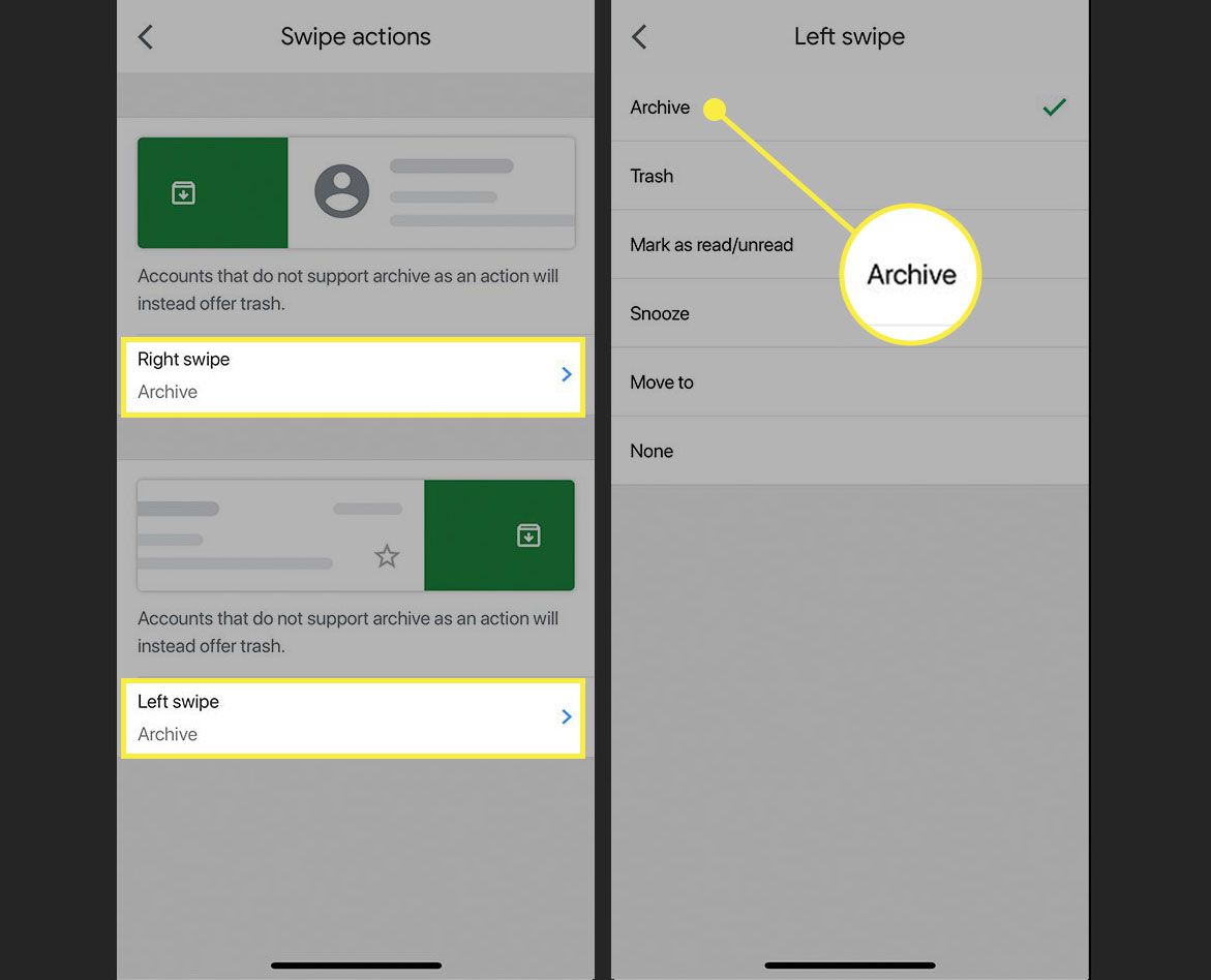 Gmail på iOS visar uppgiften Höger och vänster svepning och alternativet Arkiv