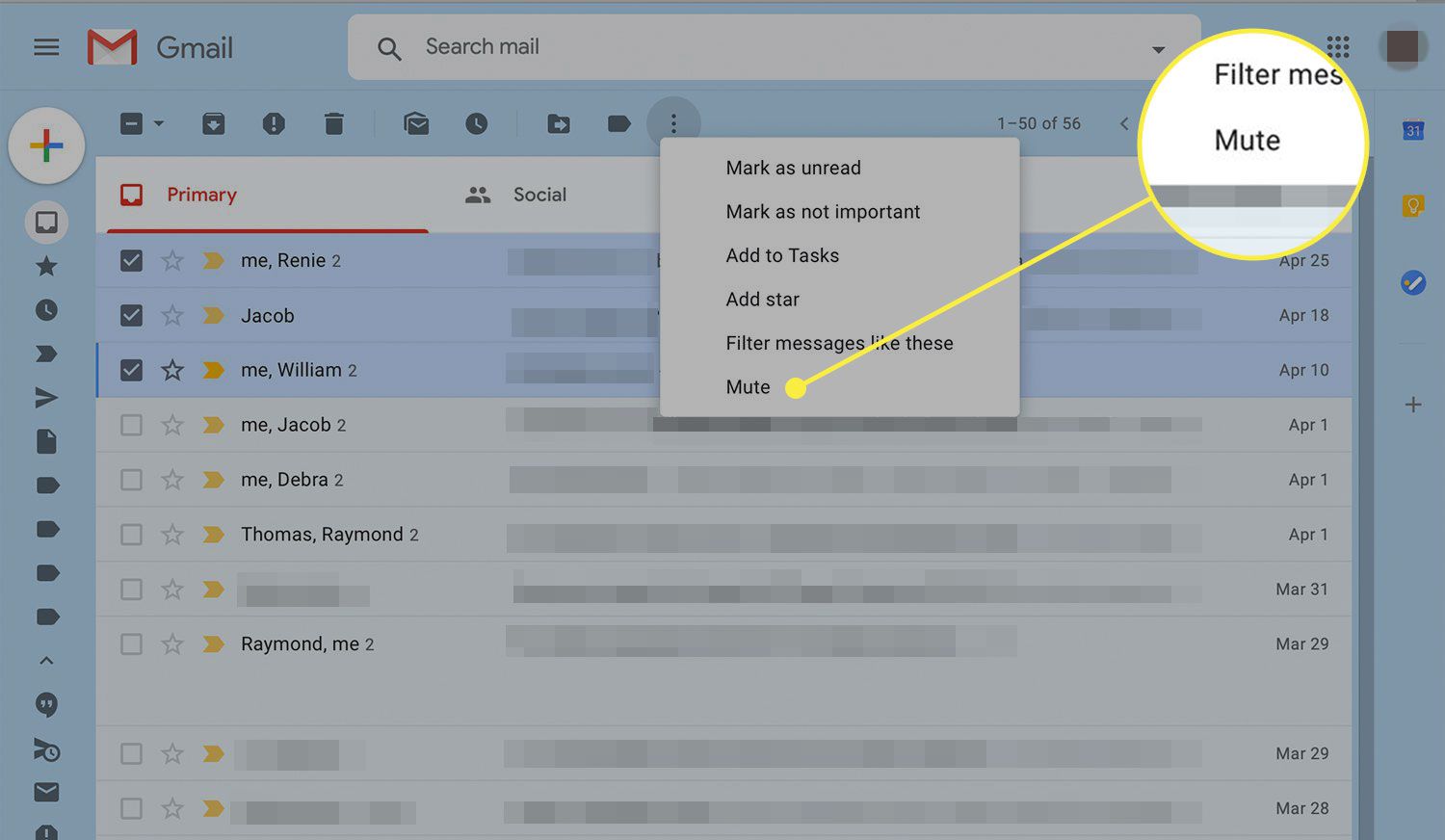 Gmail -menyn Fler alternativ med alternativet Ljud av markerat