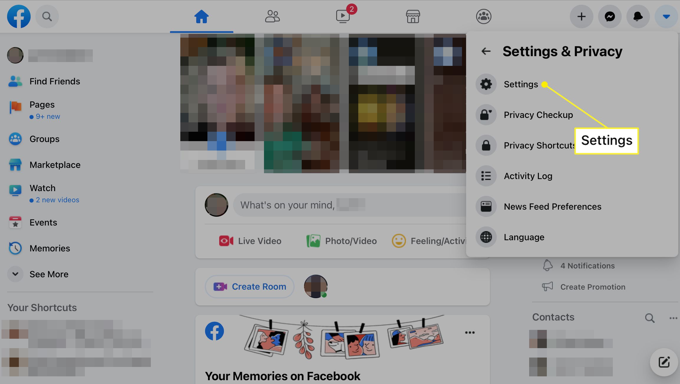 Inställningar valda på skärmen Facebook Settings & Privacy