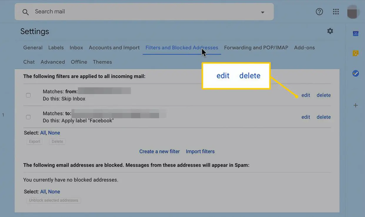 redigera och ta bort knappar i Gmail -inställningar