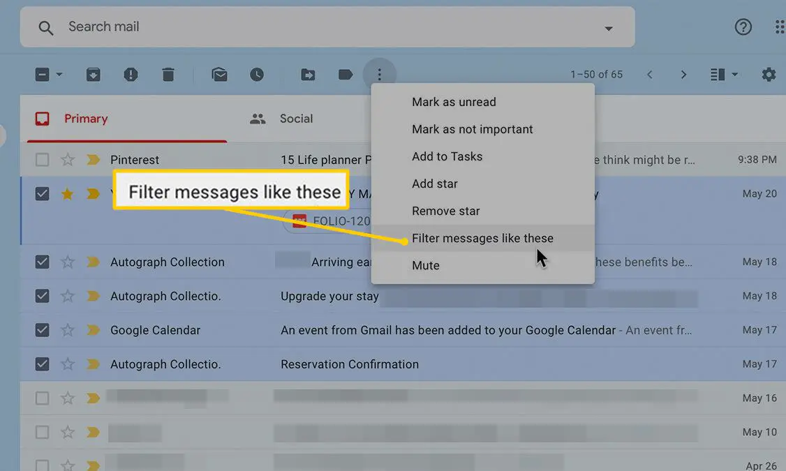 Filtrera meddelanden som dessa alternativ i Gmail