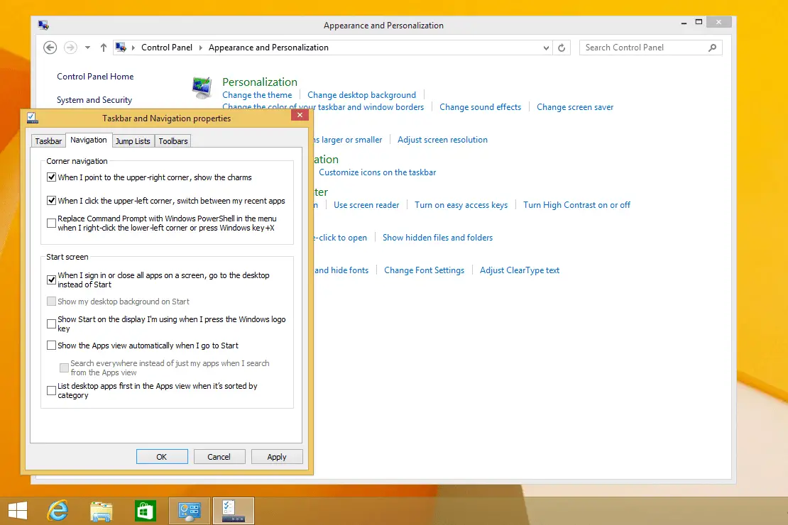 Aktivitetsfältet och navigeringsegenskaper i Windows 8