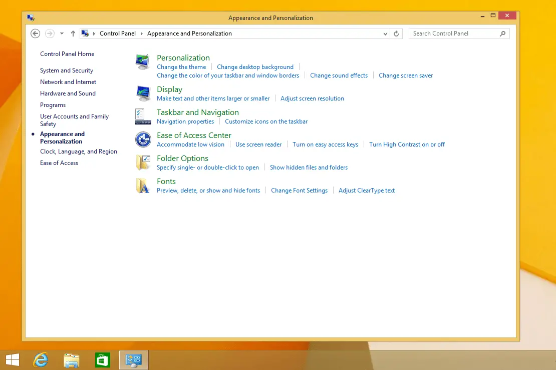 Windows 8 Utseende och anpassningsskärm