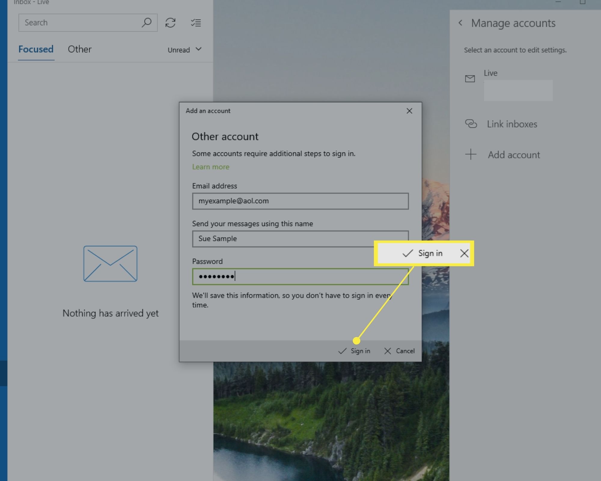 Logga in på Windows 10 Mail Lägg till ett kontofönster.