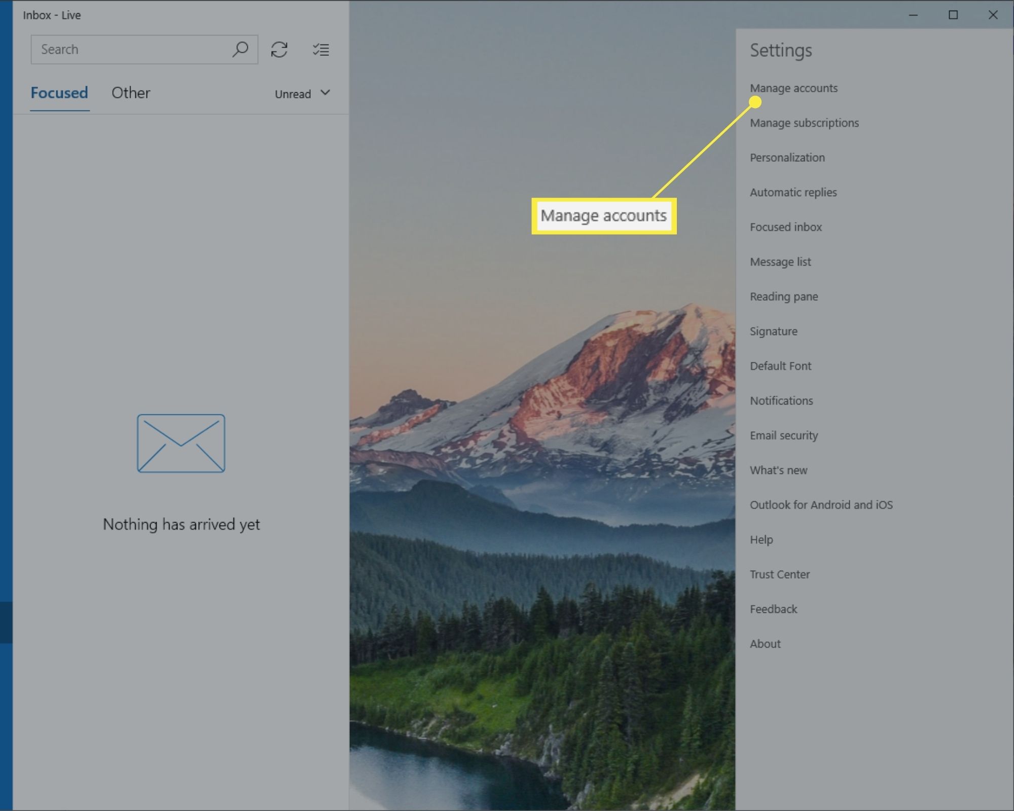 Hantera konton i Windows 10 Mail Settings.