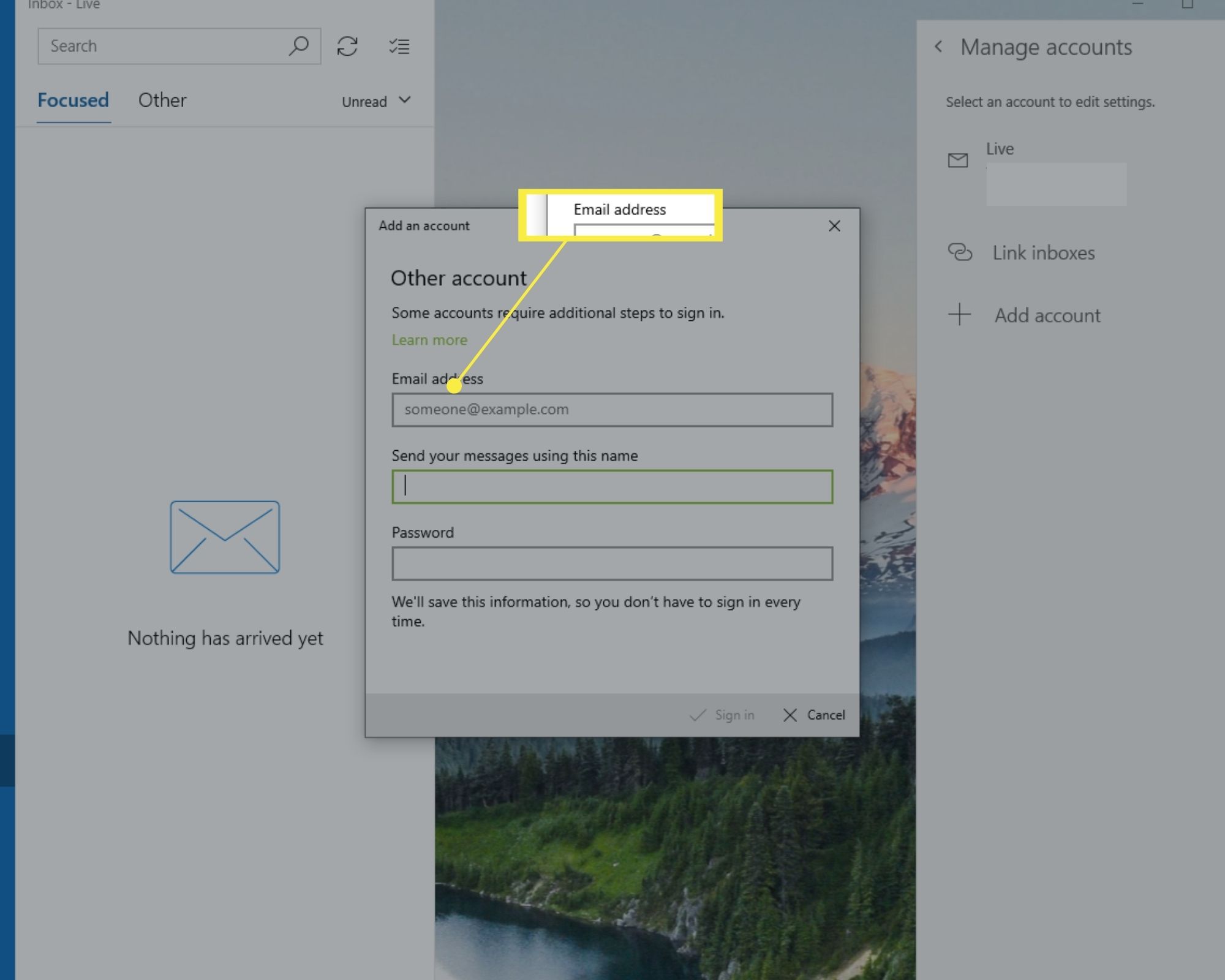 E -postadressfält i Windows 10 Mail Lägg till ett kontofönster. 