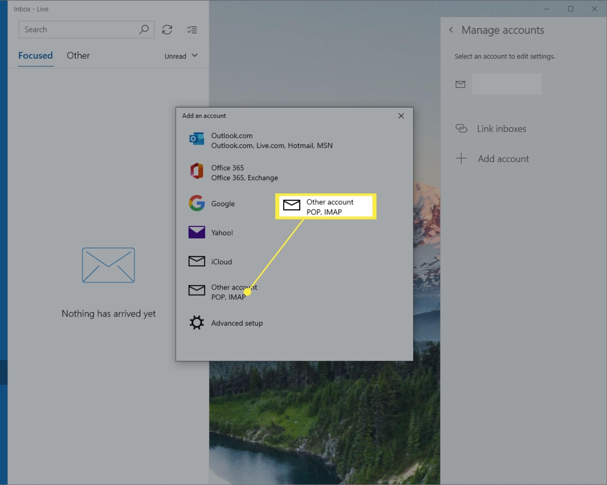Annat kontoalternativ i Lägg till ett kontofönster i Windows 10 Mail.