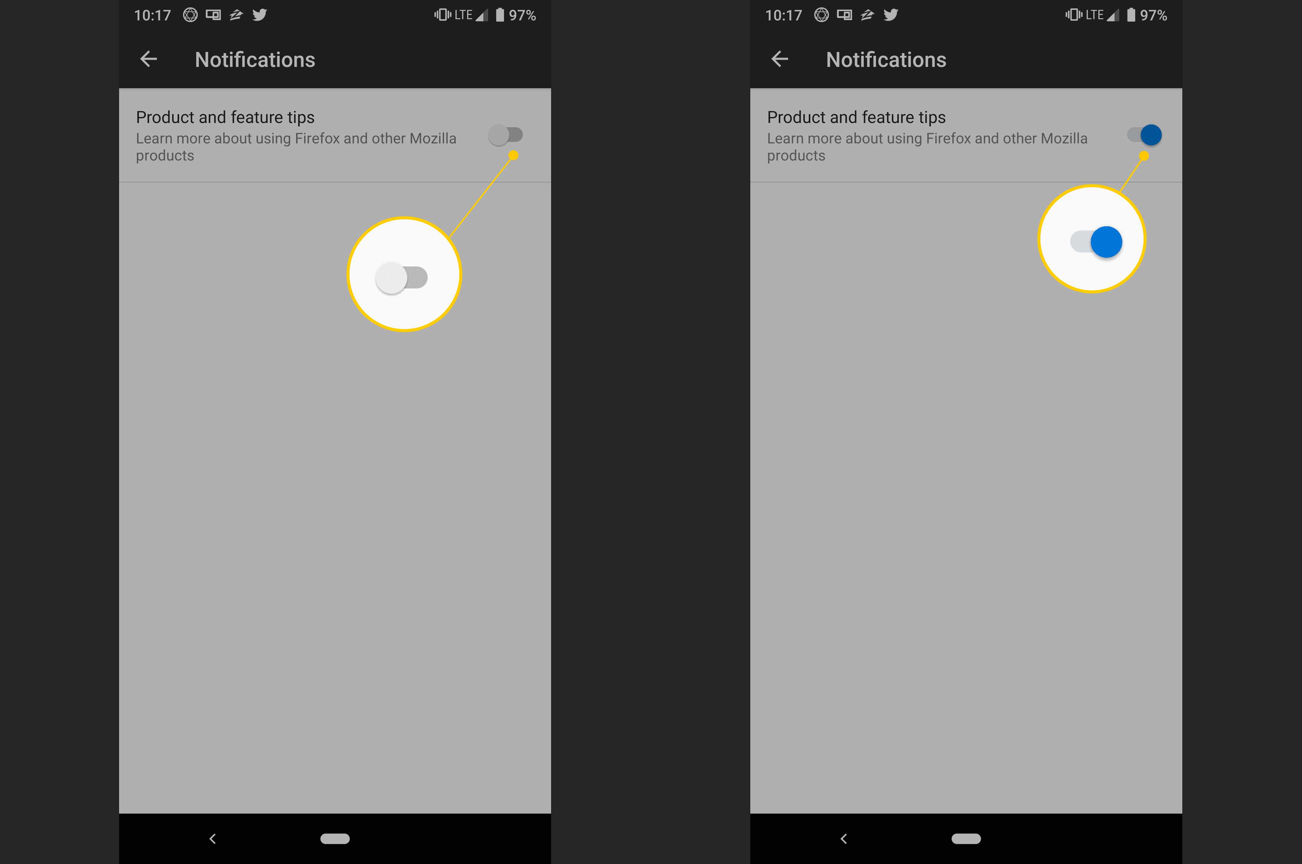 Två Android -skärmar: Meddelanden växlade till och från