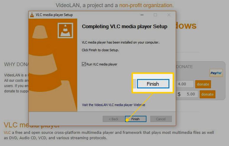 Slutknapp i VLC -installationsdialogrutan