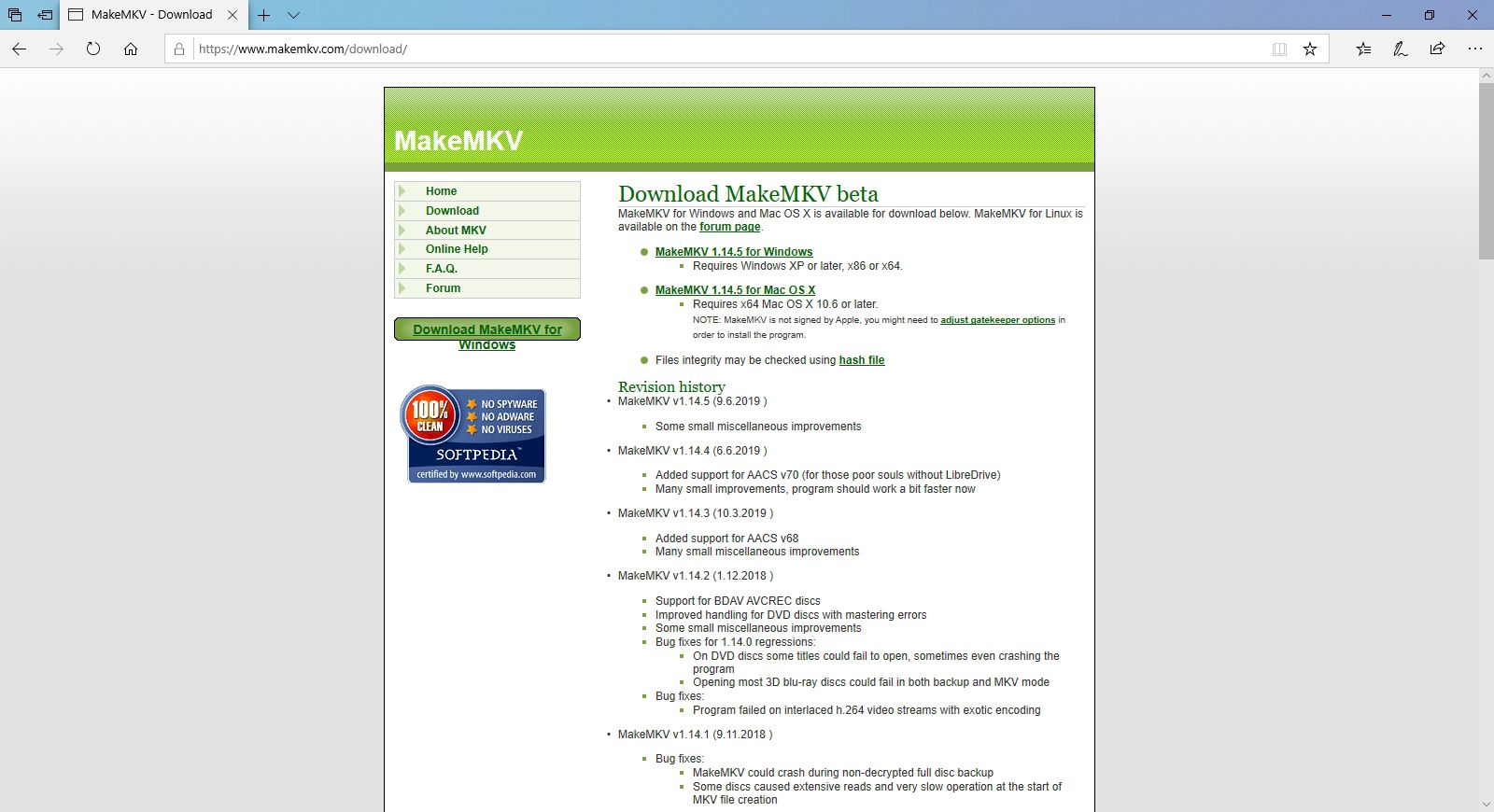 En skärmdump av MakeMKV -webbplatsen.