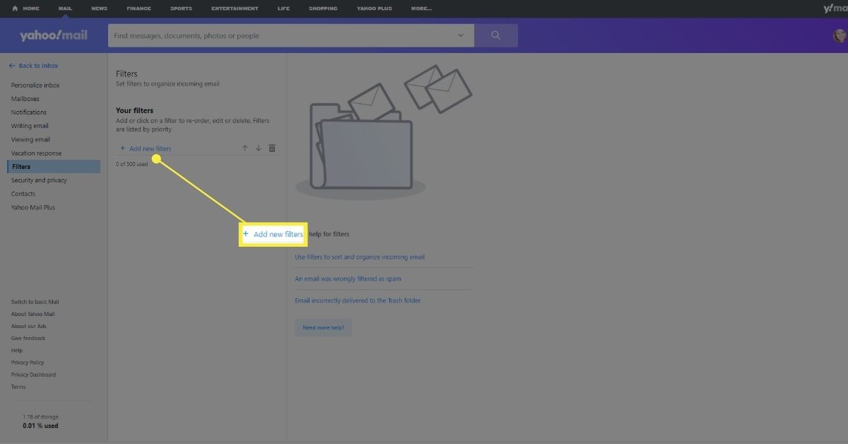 Lägg till alternativet Nya filter i Yahoo Mail Filter