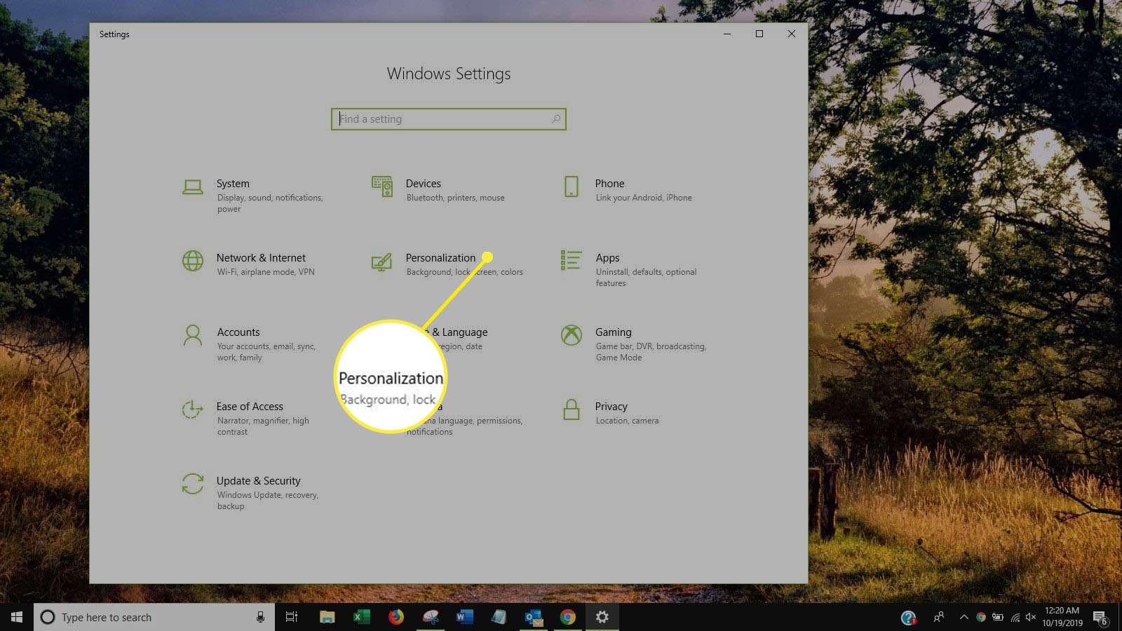 Skärmdump av anpassning i Windows -inställningar