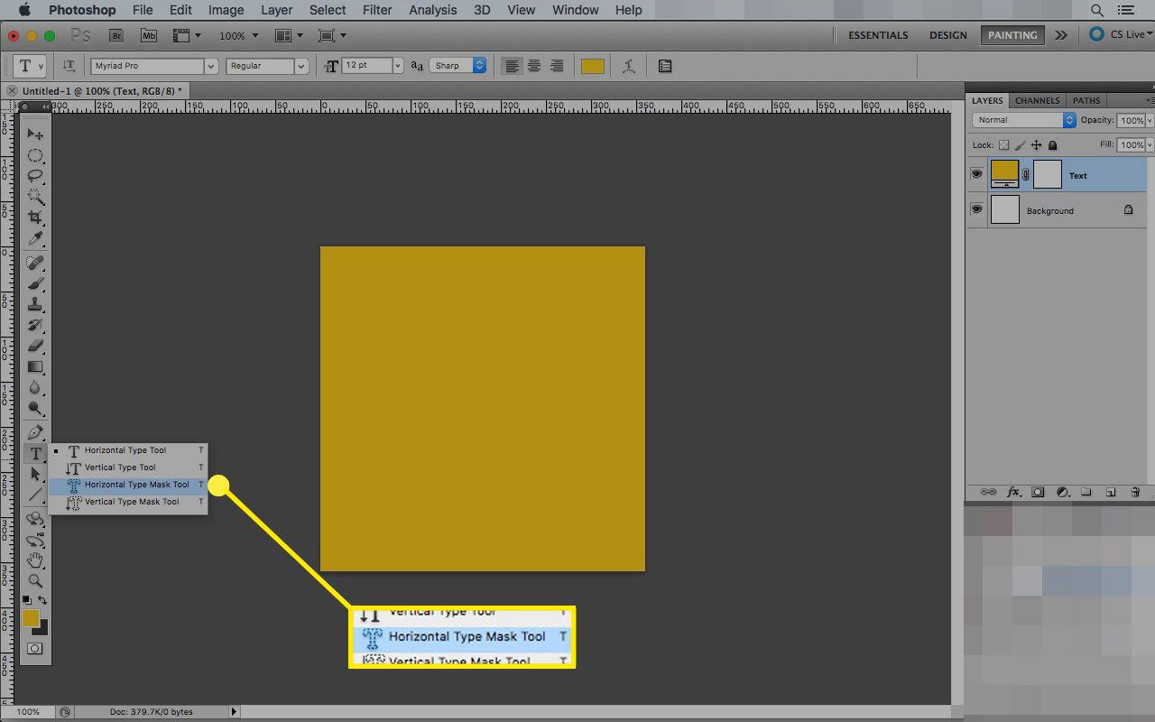 Photoshop på en Mac med verktyget Horizontal Type Mask markerat