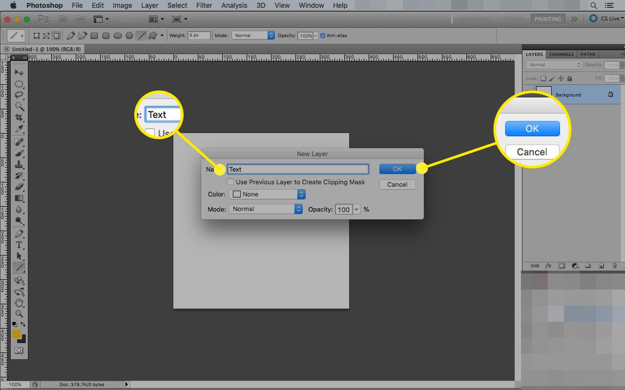Ny dialogruta Layer i Photoshop med OK -knappen markerad