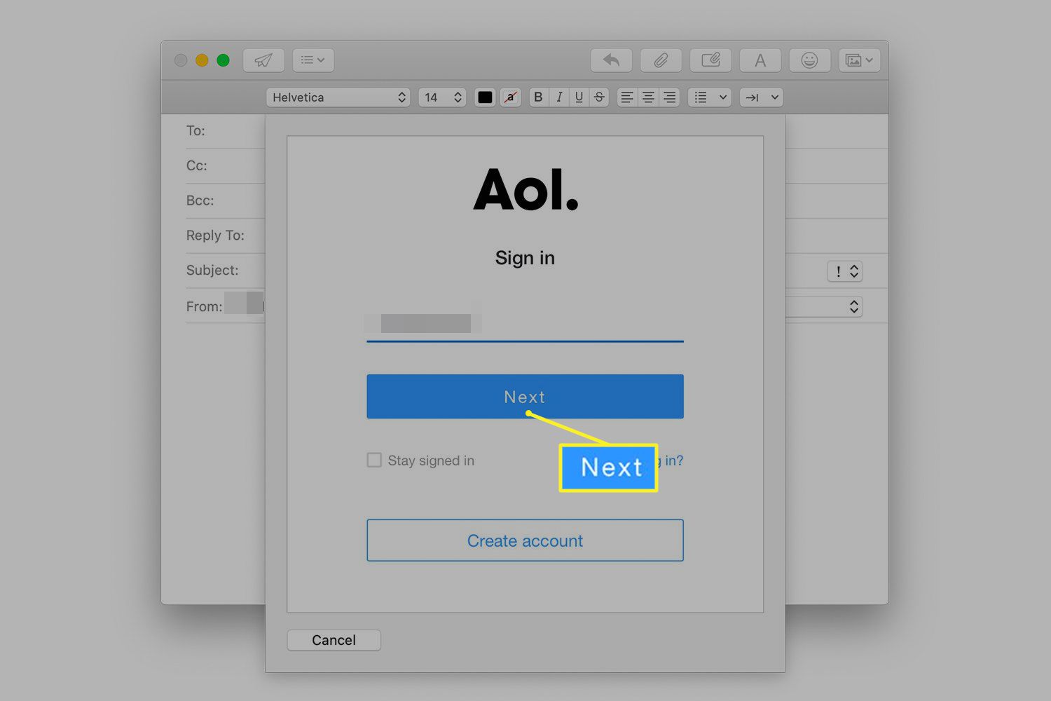 AOL -inloggningsskärm i Mac Mail