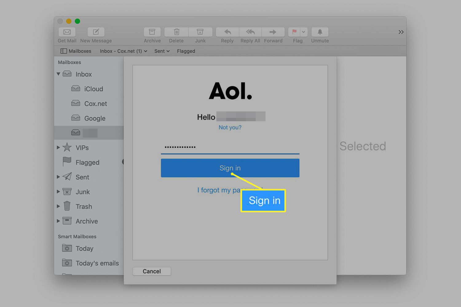 AOL -lösenordsskärm i Mac Mail