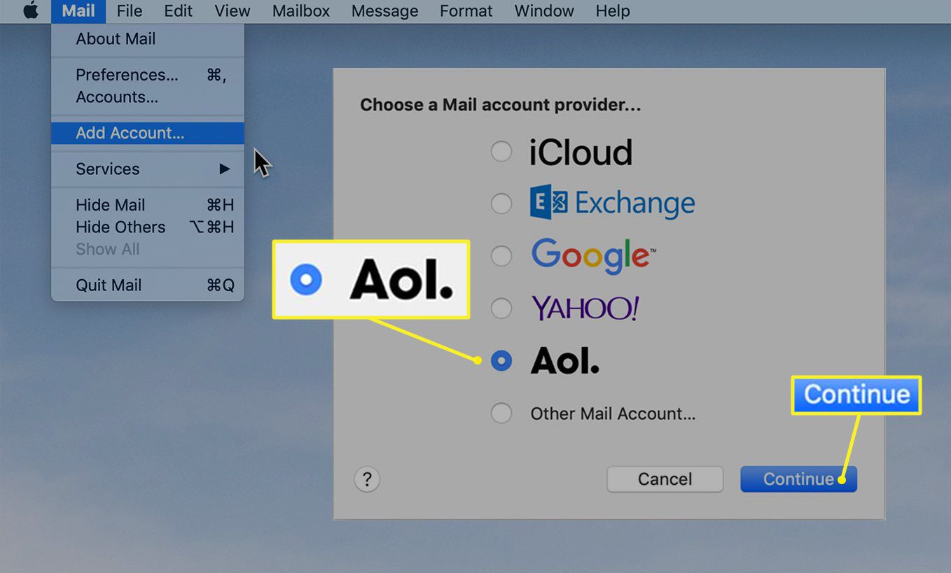 Skärm som visar alternativ för e -postmeddelanden med AOL -post valt