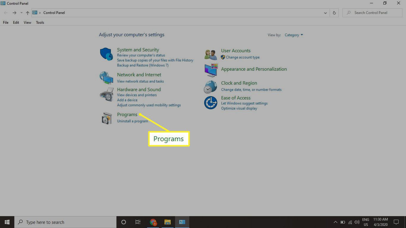 Windows kontrollpanel med program markerade