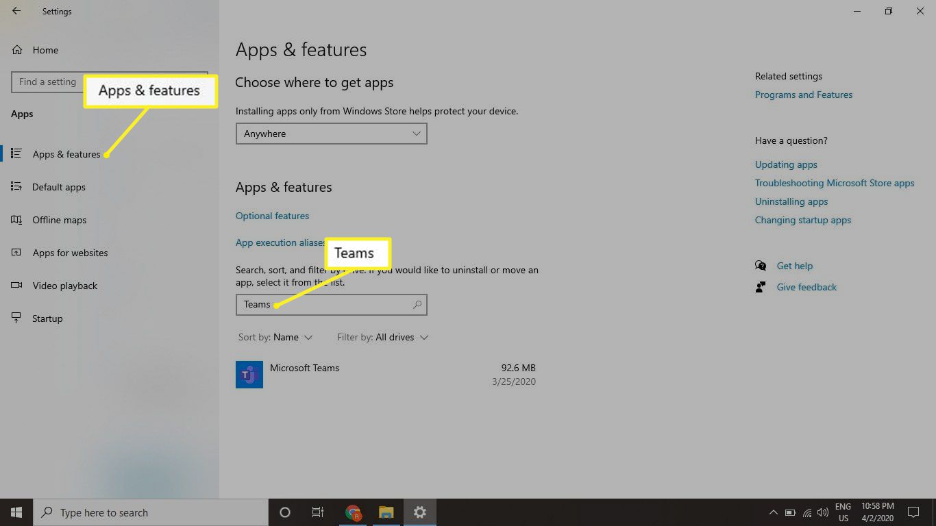 Skärmen Appar och funktioner i Windows