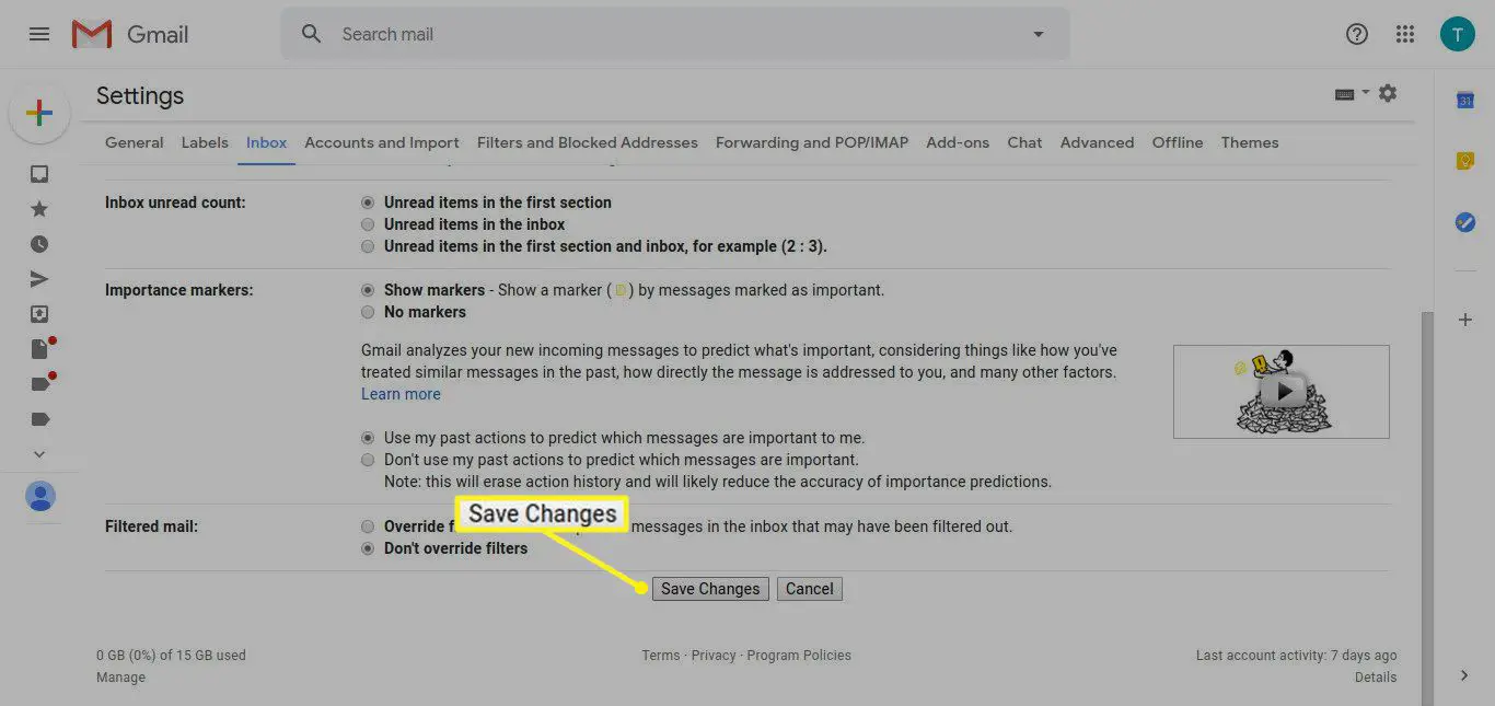 Gmail -inställningar med Spara ändringar markerade