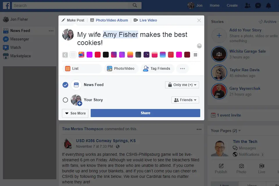 Skärmdump av en vän taggad i ett Facebook -inlägg