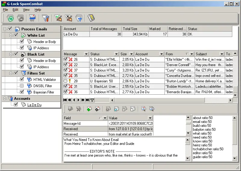 Skärmdump av G-Lock SpamCombat-programvara