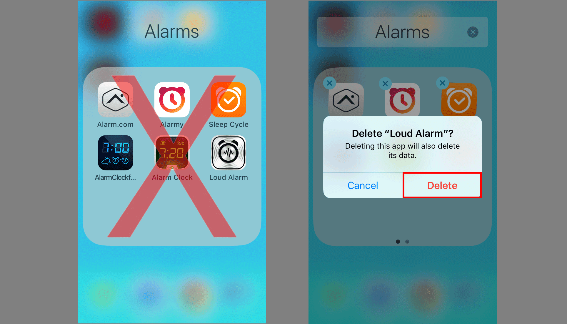 Skärmdumpar som visar hur du tar bort en iPhone -alarmapp