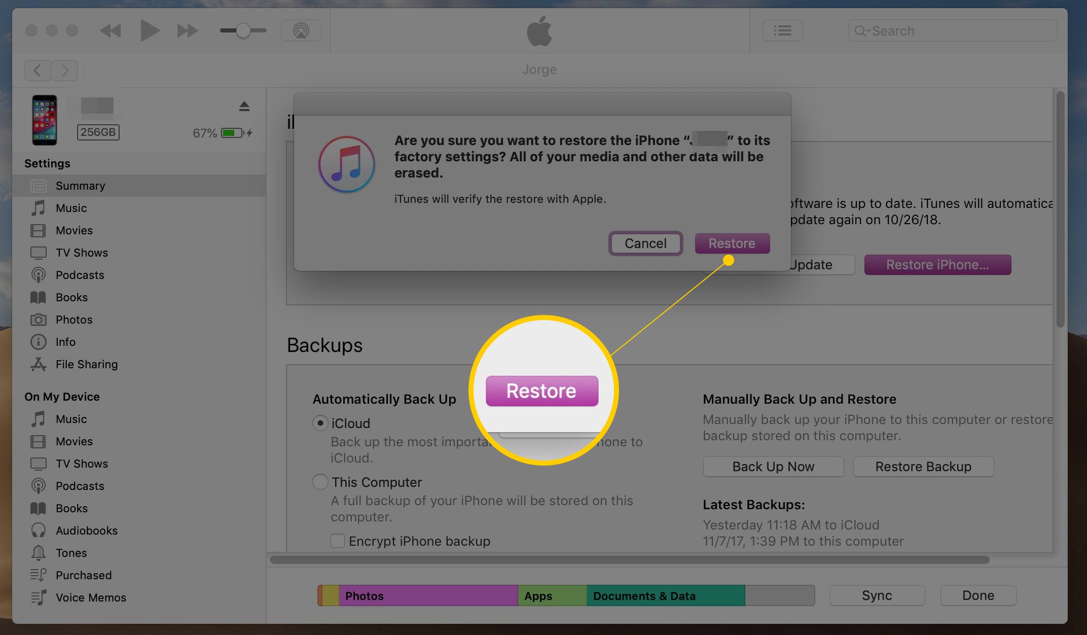 Återställ bekräftelseknappen i iTunes för macOS