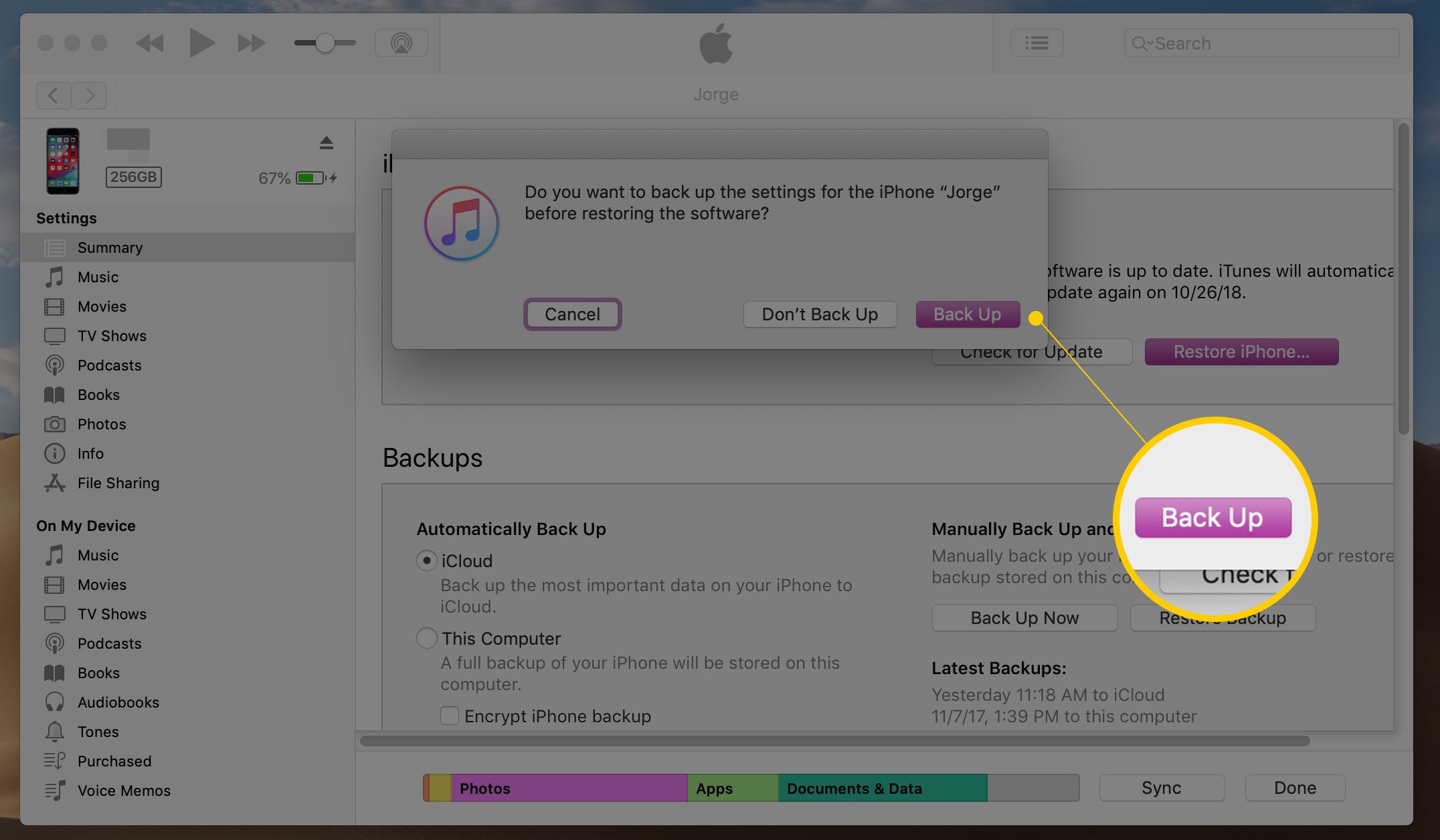 Säkerhetskopieringsknapp i iTunes för macOS