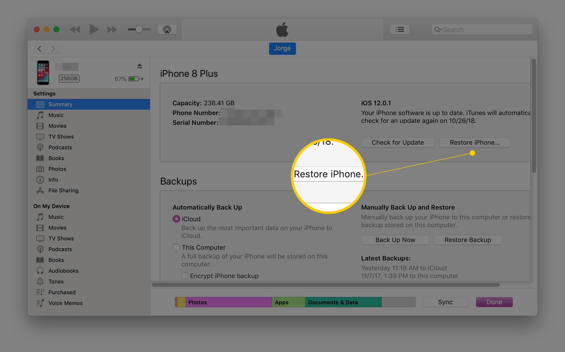 Återställ iPhone -knappen i iTunes för macOS
