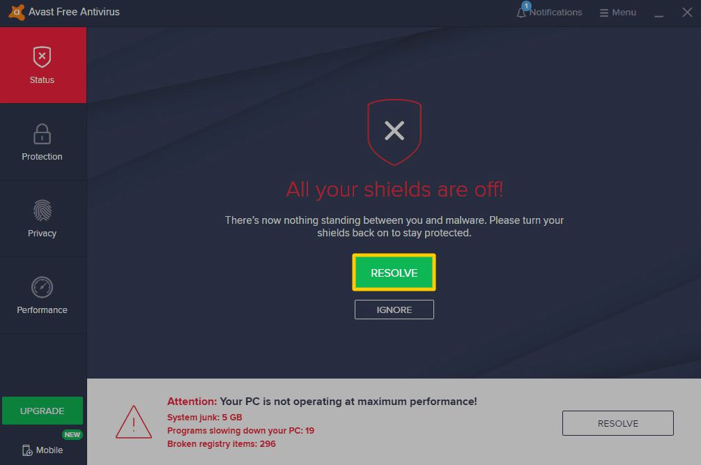 En skärmdump av Avast med sköldar avstängda, vilket uppmanar användaren att lösa problemet.