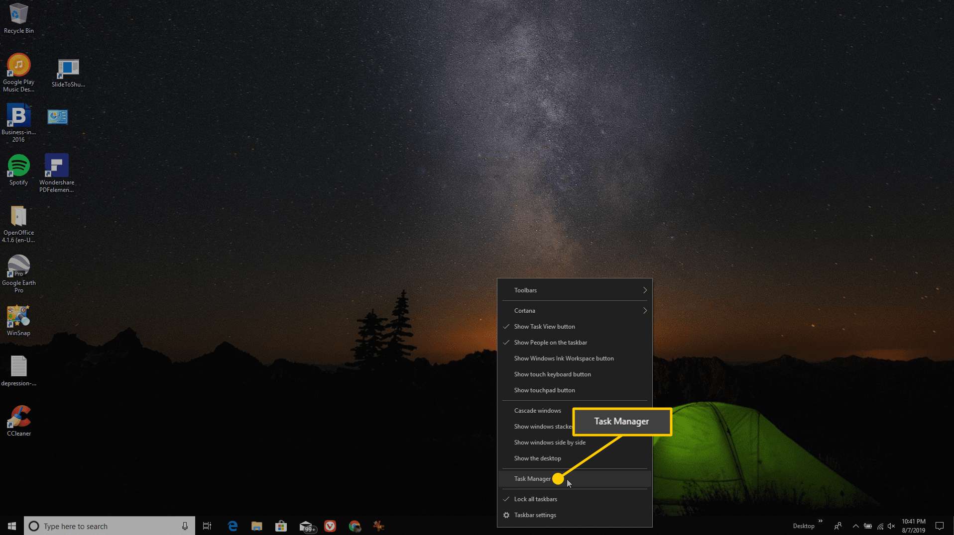 Skärmdump för att öppna Aktivitetshanteraren i Windows.